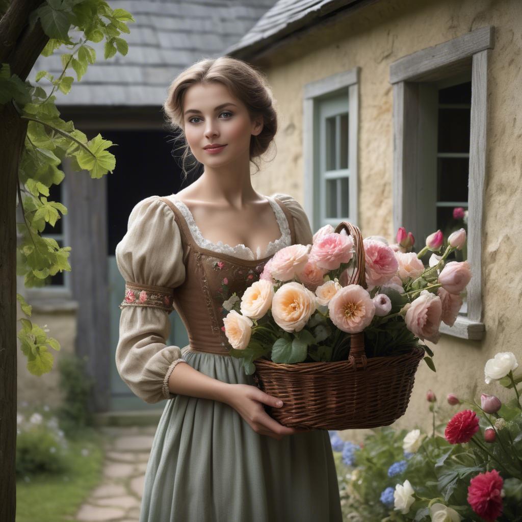 A stunning image of romantic lady with a basket of flowers in a cottage.