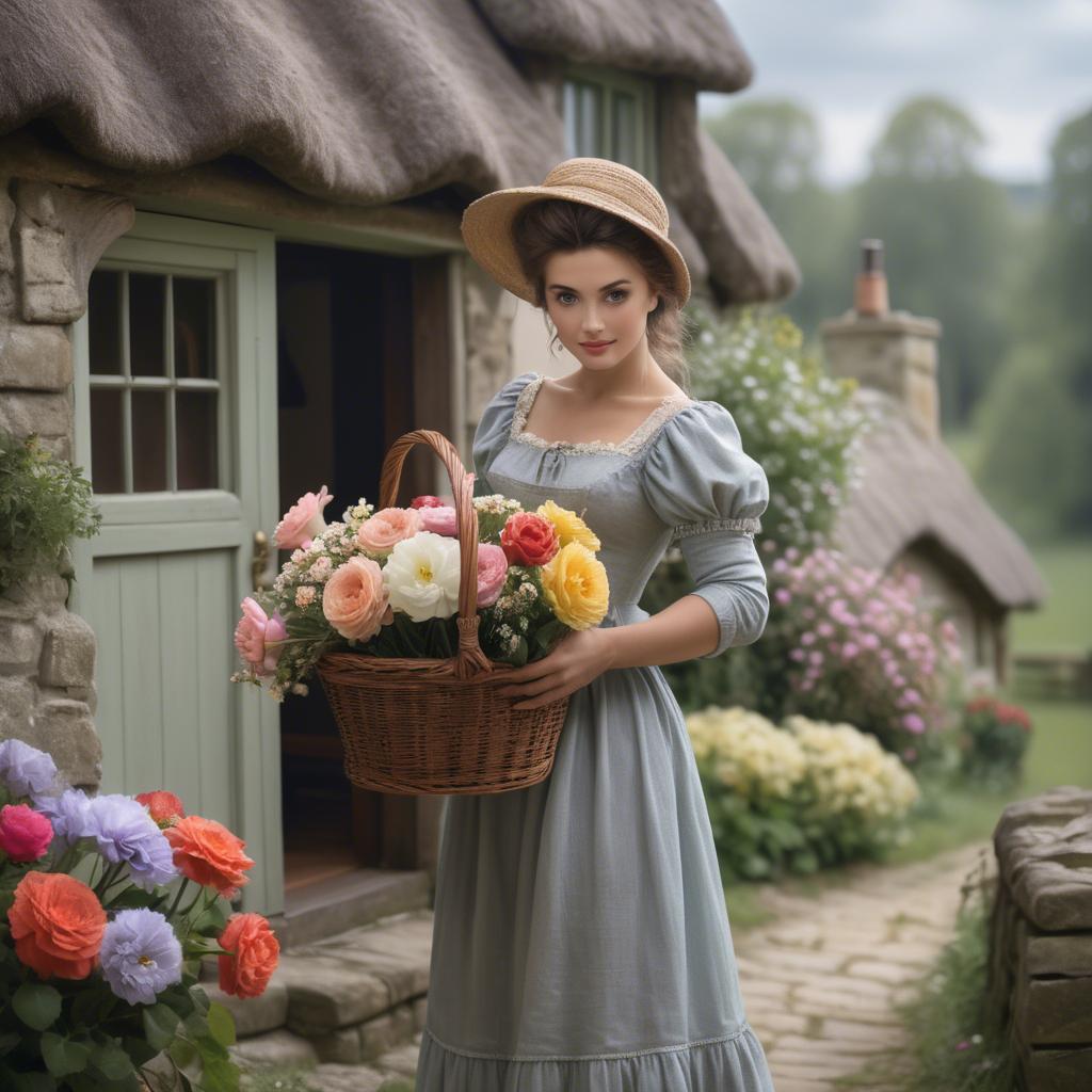 A stunning image of romantic lady with a basket of flowers in a cottage.