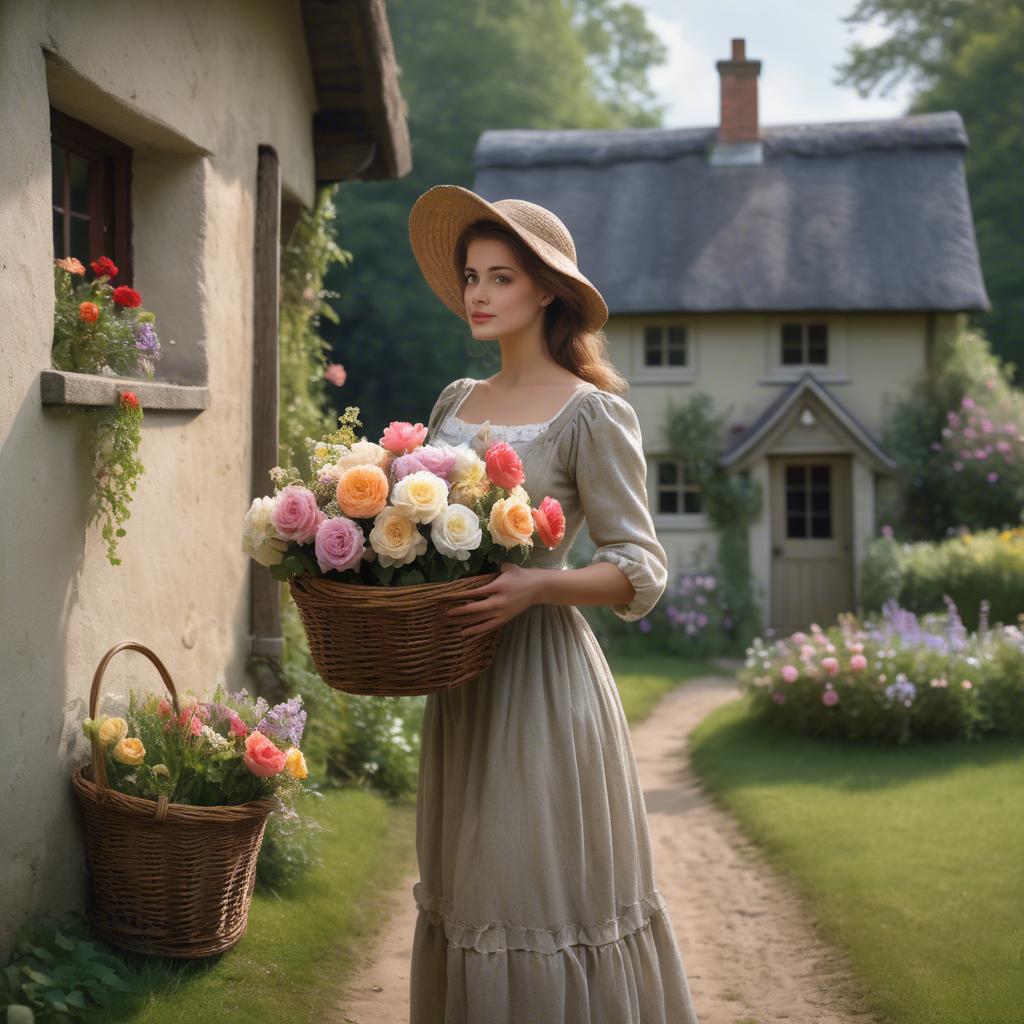 A stunning image of romantic lady with a basket of flowers in a cottage.