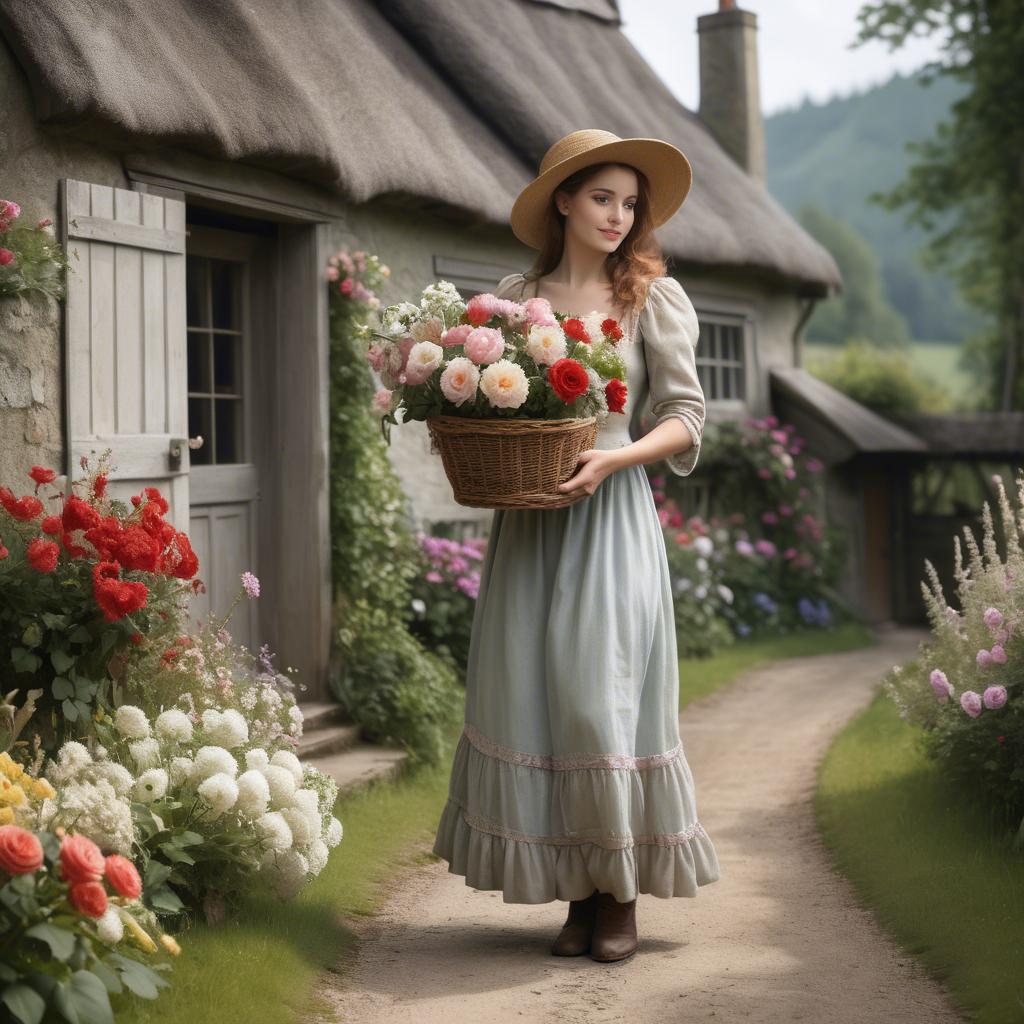 A stunning image of romantic lady with a basket of flowers in a cottage.