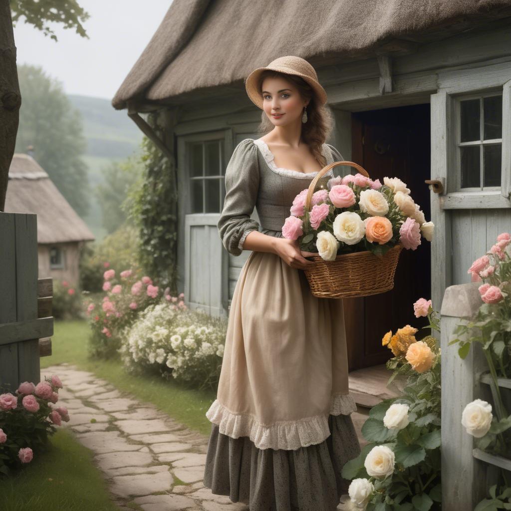 A stunning image of romantic lady with a basket of flowers in a cottage.