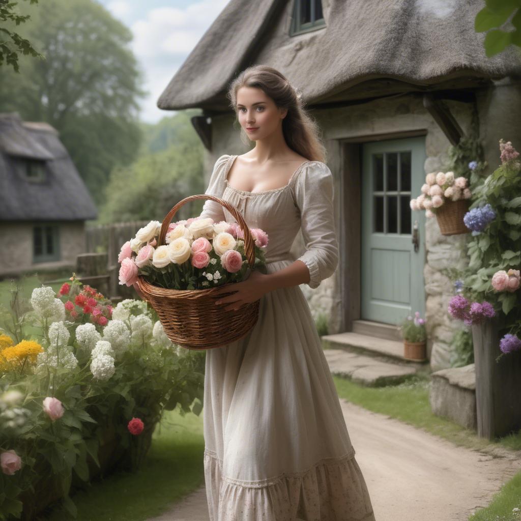 A stunning image of romantic lady with a basket of flowers in a cottage.