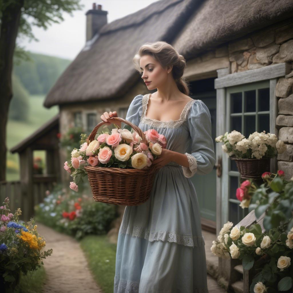 A stunning image of romantic lady with a basket of flowers in a cottage.