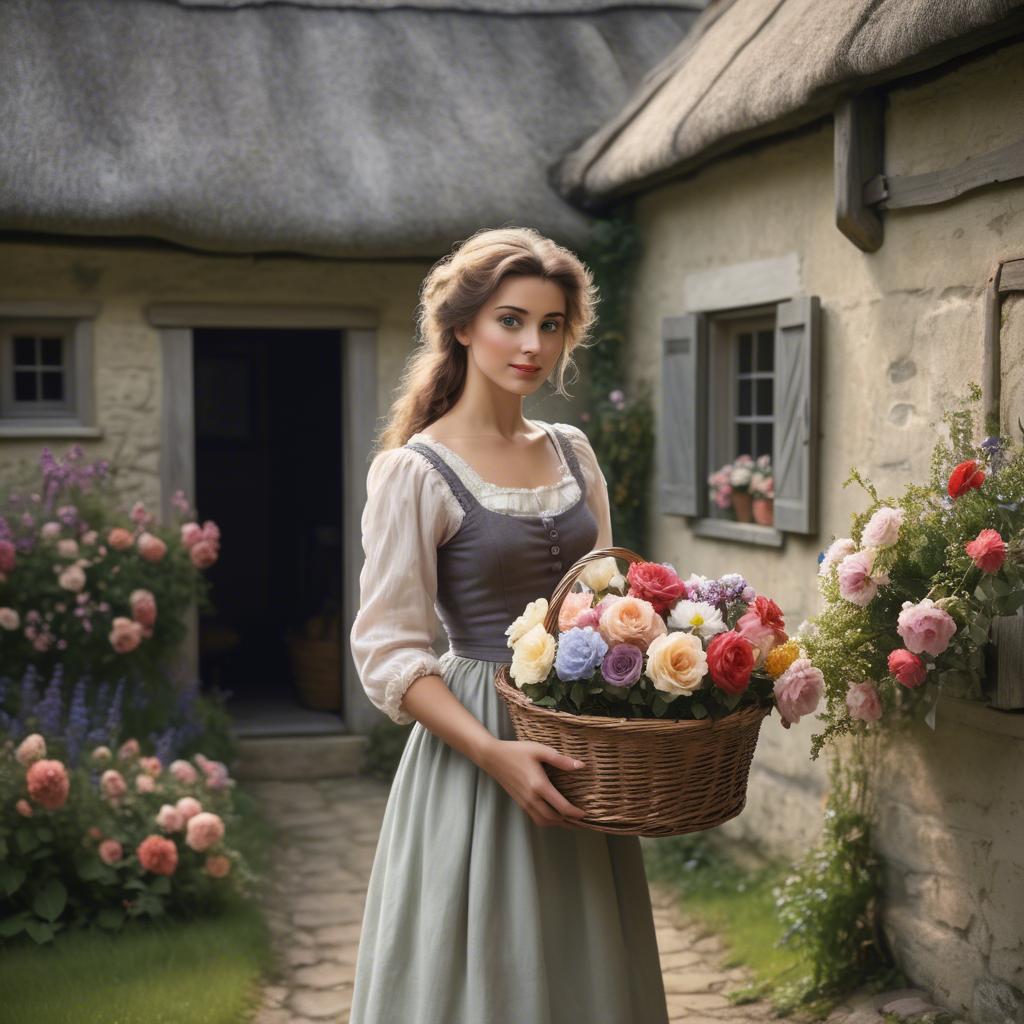 A stunning image of romantic lady with a basket of flowers in a cottage.