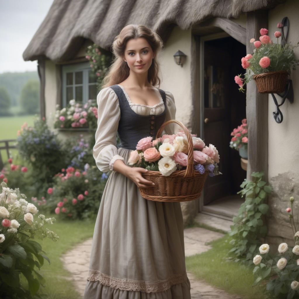 A stunning image of romantic lady with a basket of flowers in a cottage.