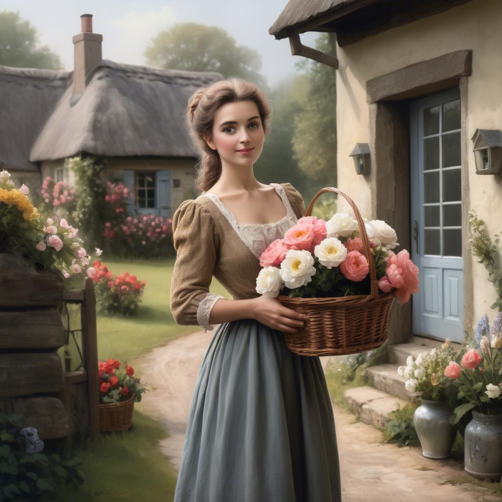 A stunning image of romantic lady with a basket of flowers in a cottage.