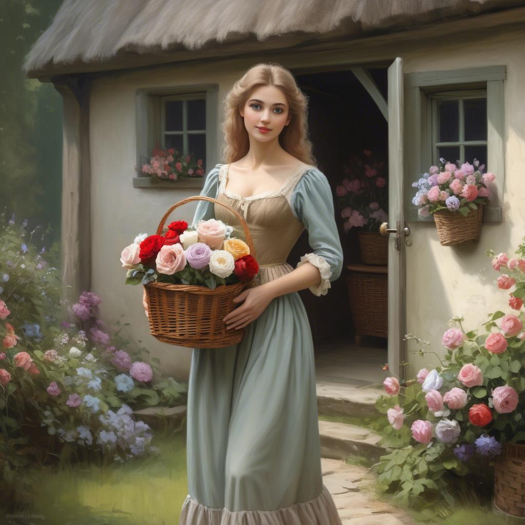 A stunning image of romantic lady with a basket of flowers in a cottage.