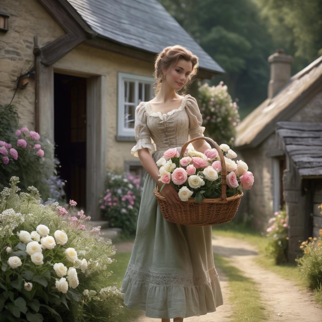 A stunning image of romantic lady with a basket of flowers in a cottage.