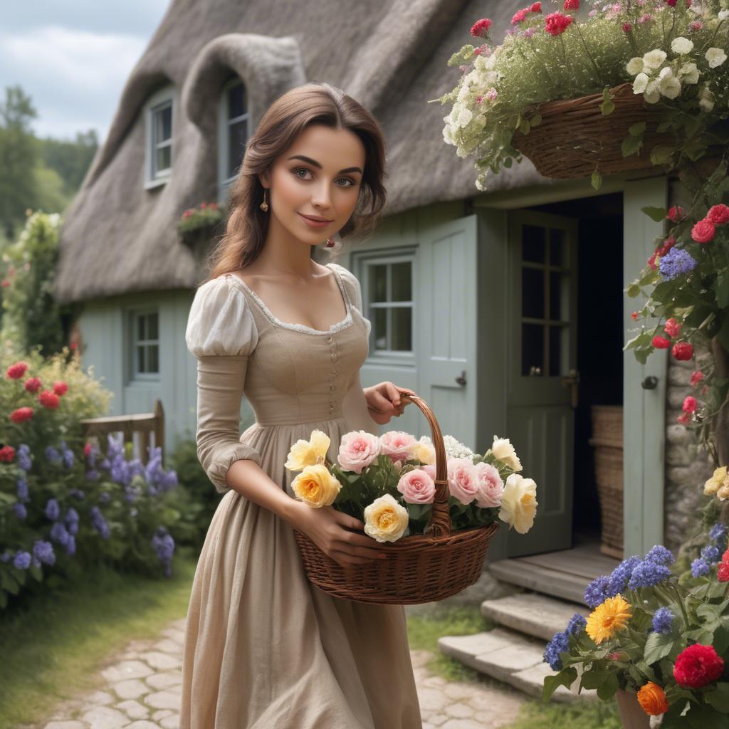 A stunning image of romantic lady with a basket of flowers in a cottage.