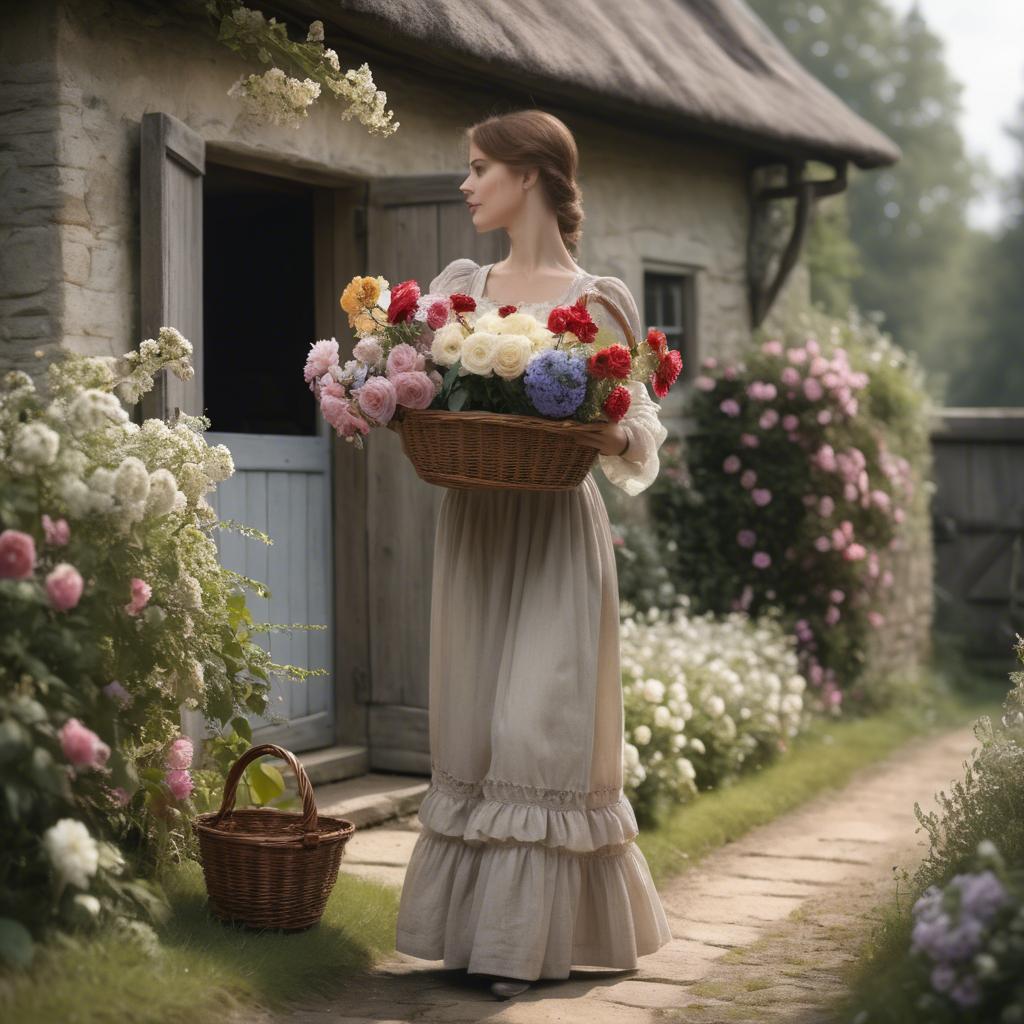 A stunning image of romantic lady with a basket of flowers in a cottage.
