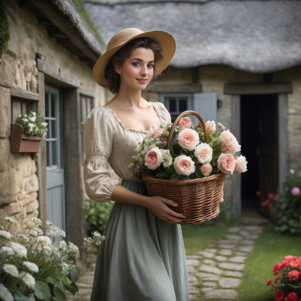 A stunning image of romantic lady with a basket of flowers in a cottage.