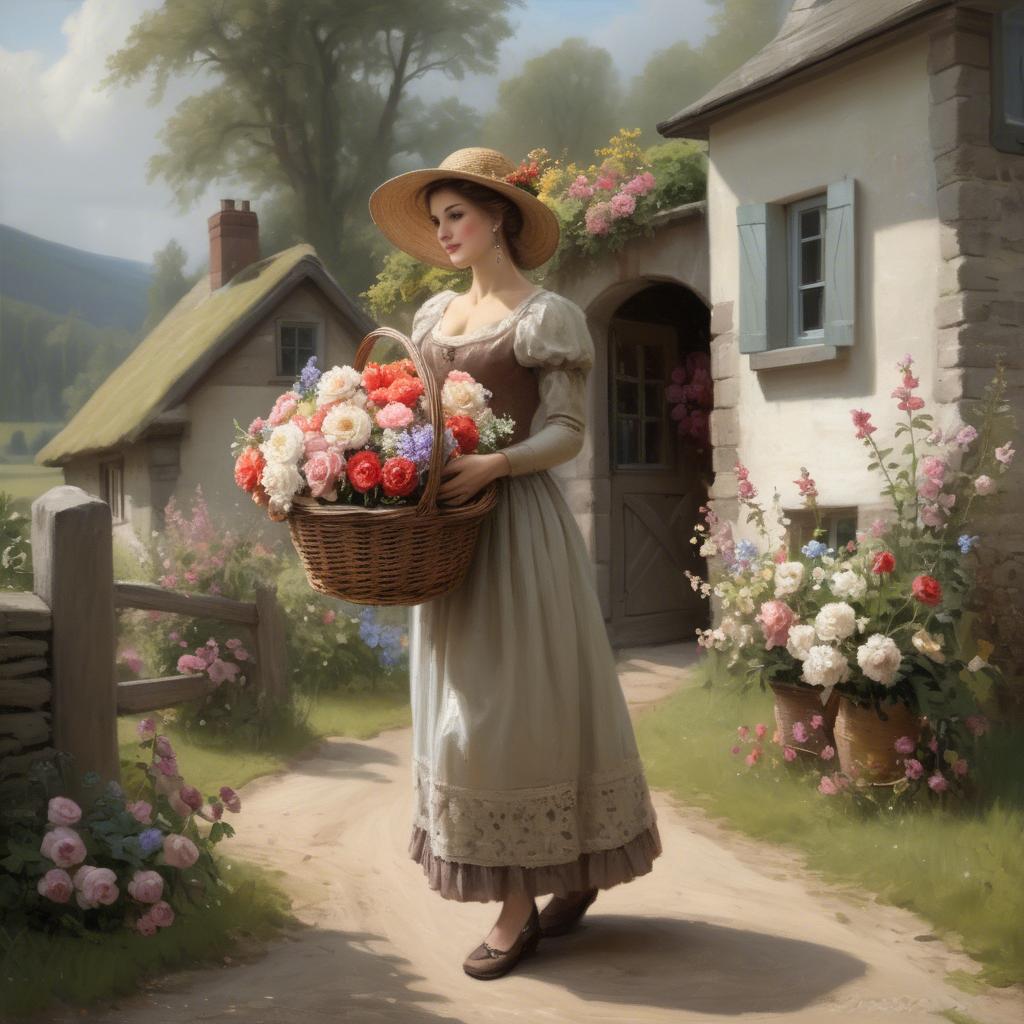 A stunning image of romantic lady with a basket of flowers in a cottage.