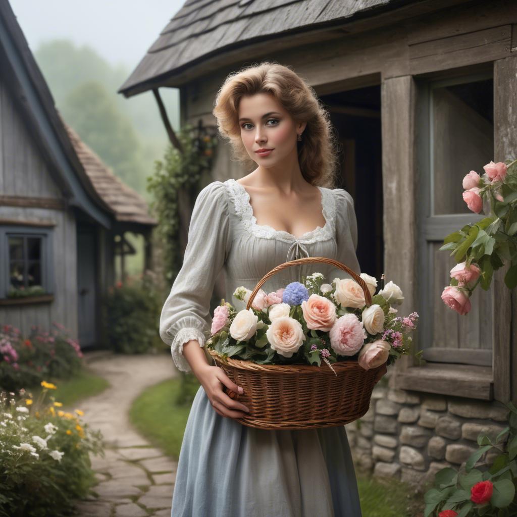 A stunning image of romantic lady with a basket of flowers in a cottage.