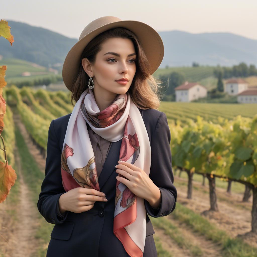 A stunning image of romantic lady with a silk scarf in a vineyard.