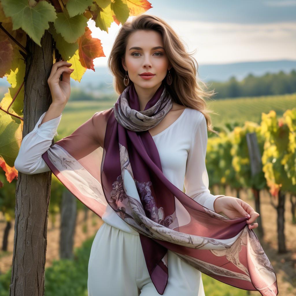 A stunning image of romantic lady with a silk scarf in a vineyard.