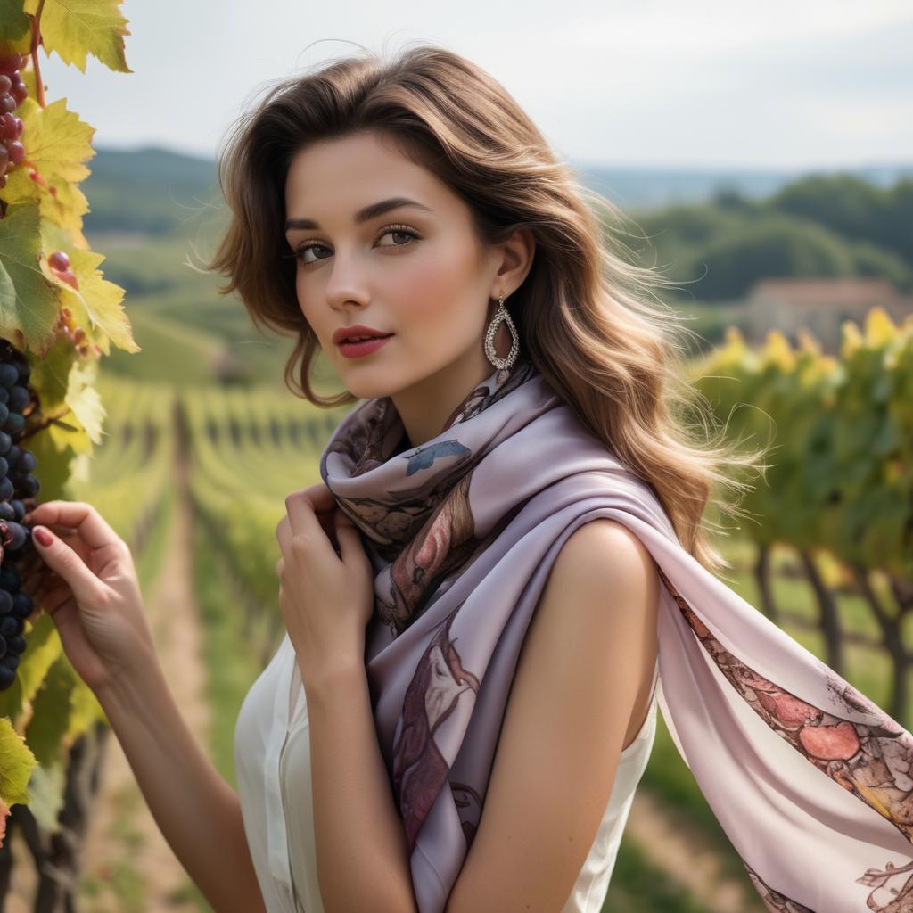 A stunning image of romantic lady with a silk scarf in a vineyard.