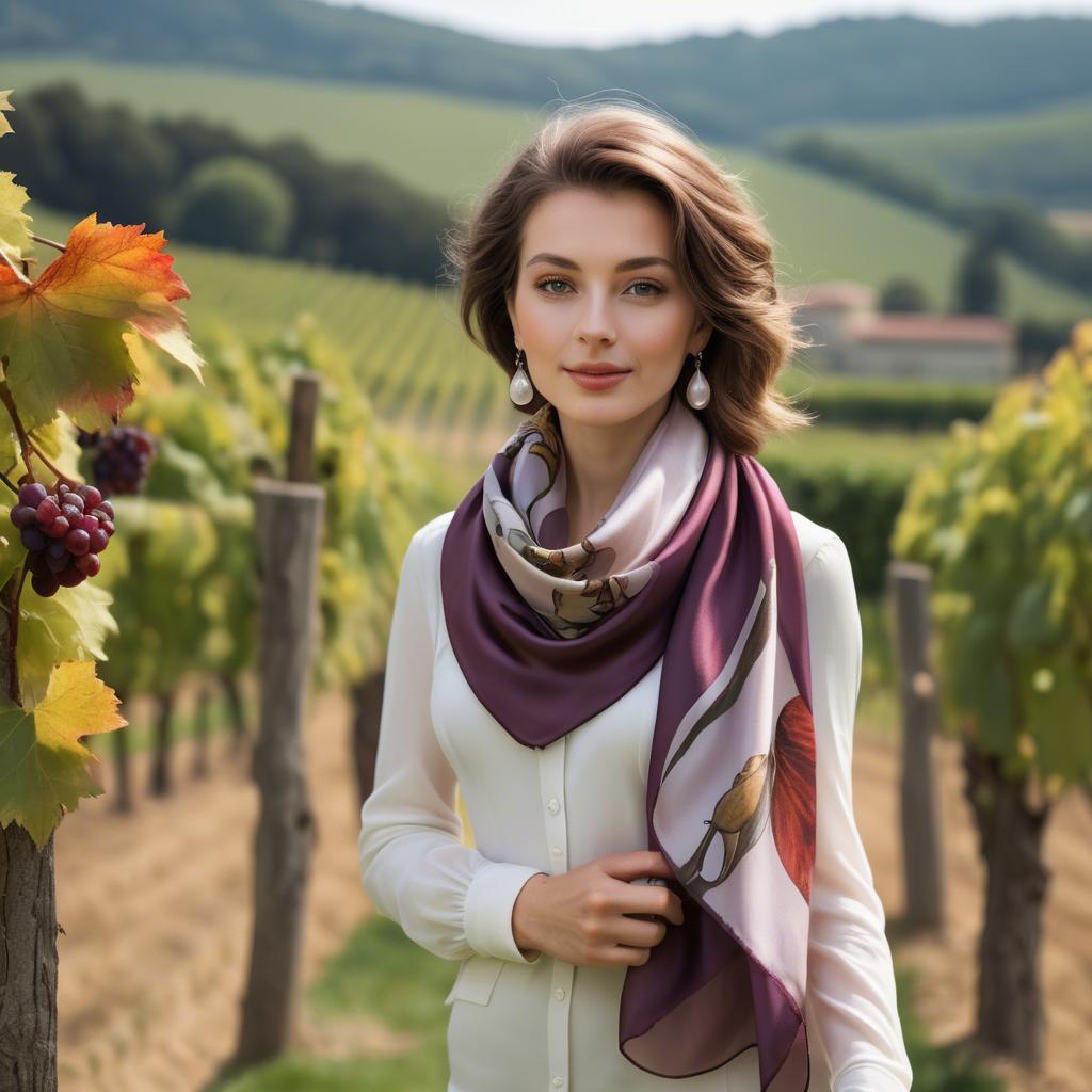 A stunning image of romantic lady with a silk scarf in a vineyard.