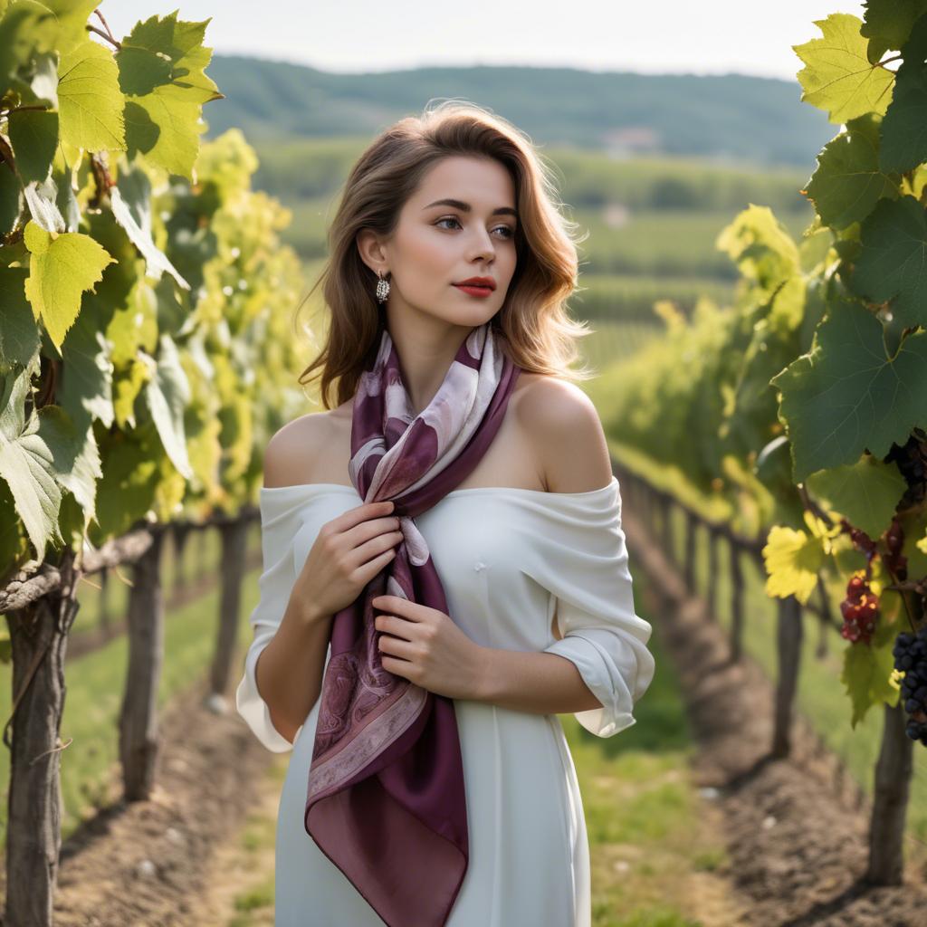 A stunning image of romantic lady with a silk scarf in a vineyard.