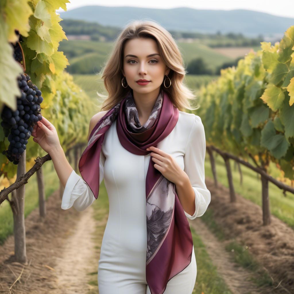 A stunning image of romantic lady with a silk scarf in a vineyard.