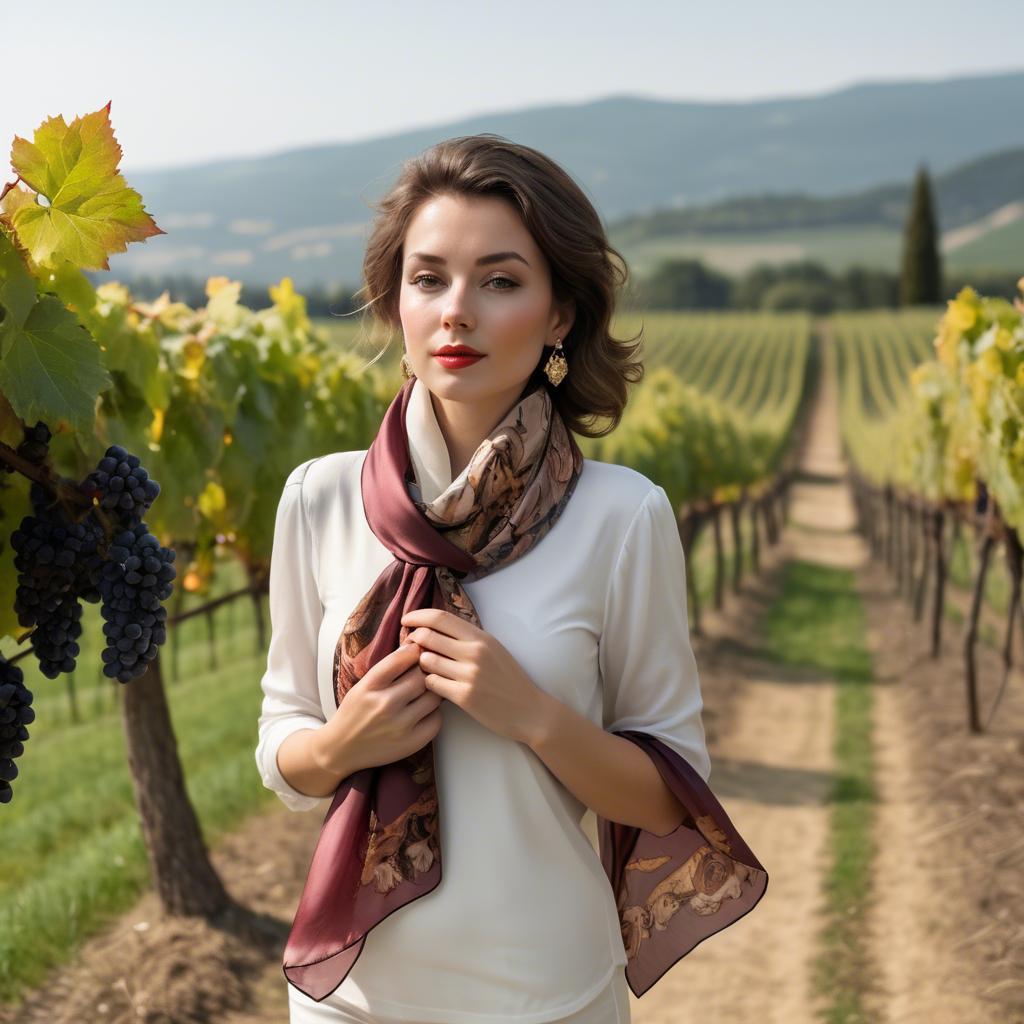 A stunning image of romantic lady with a silk scarf in a vineyard.