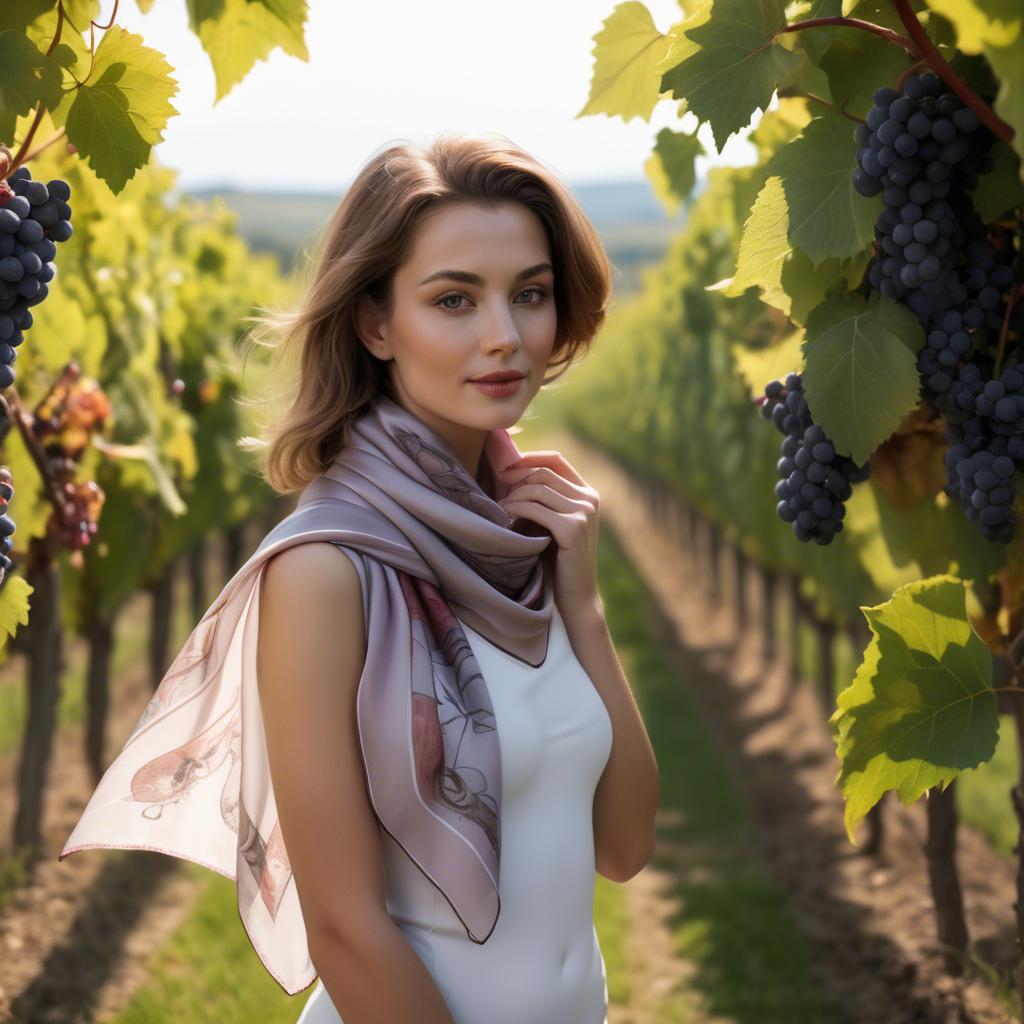 A stunning image of romantic lady with a silk scarf in a vineyard.