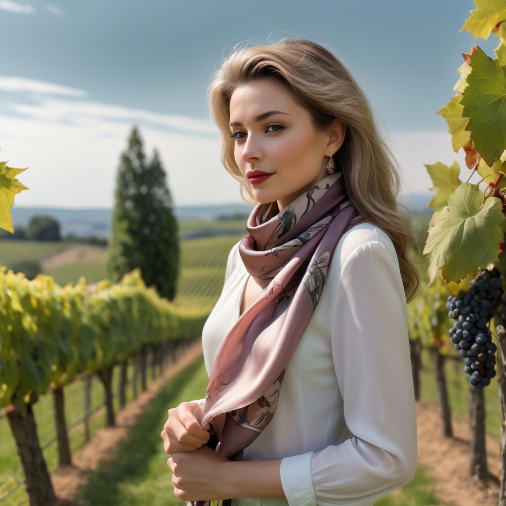A stunning image of romantic lady with a silk scarf in a vineyard.