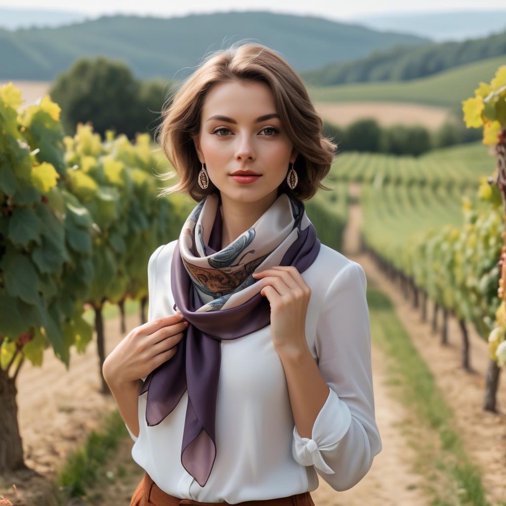 A stunning image of romantic lady with a silk scarf in a vineyard.