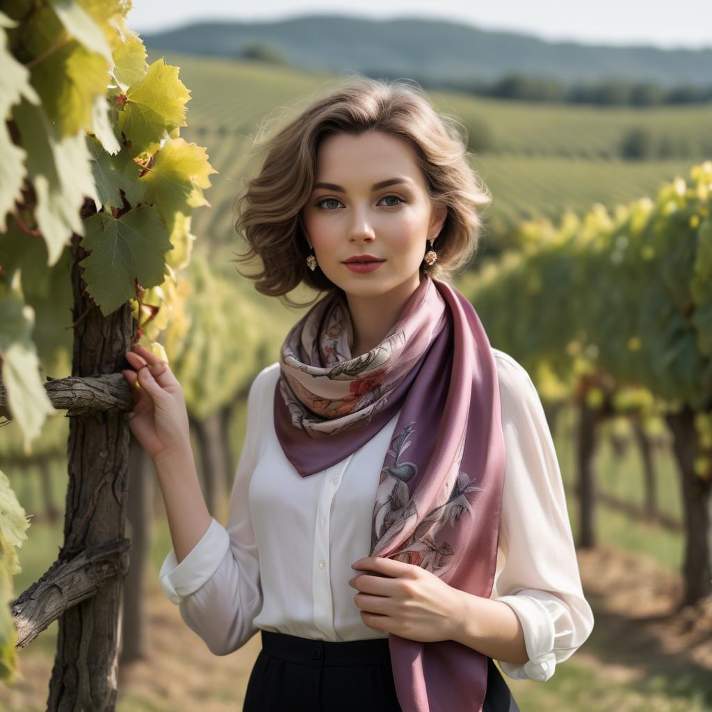 A stunning image of romantic lady with a silk scarf in a vineyard.