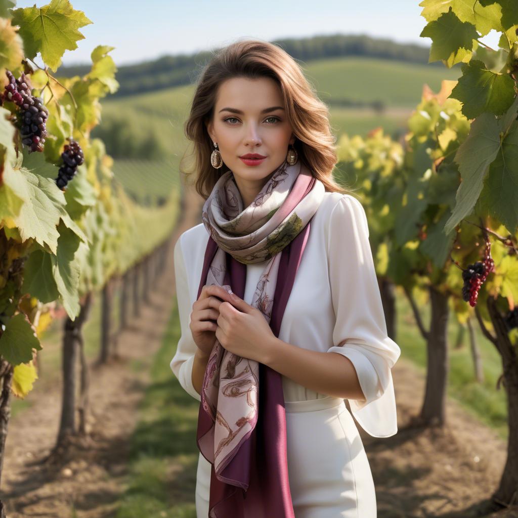 A stunning image of romantic lady with a silk scarf in a vineyard.