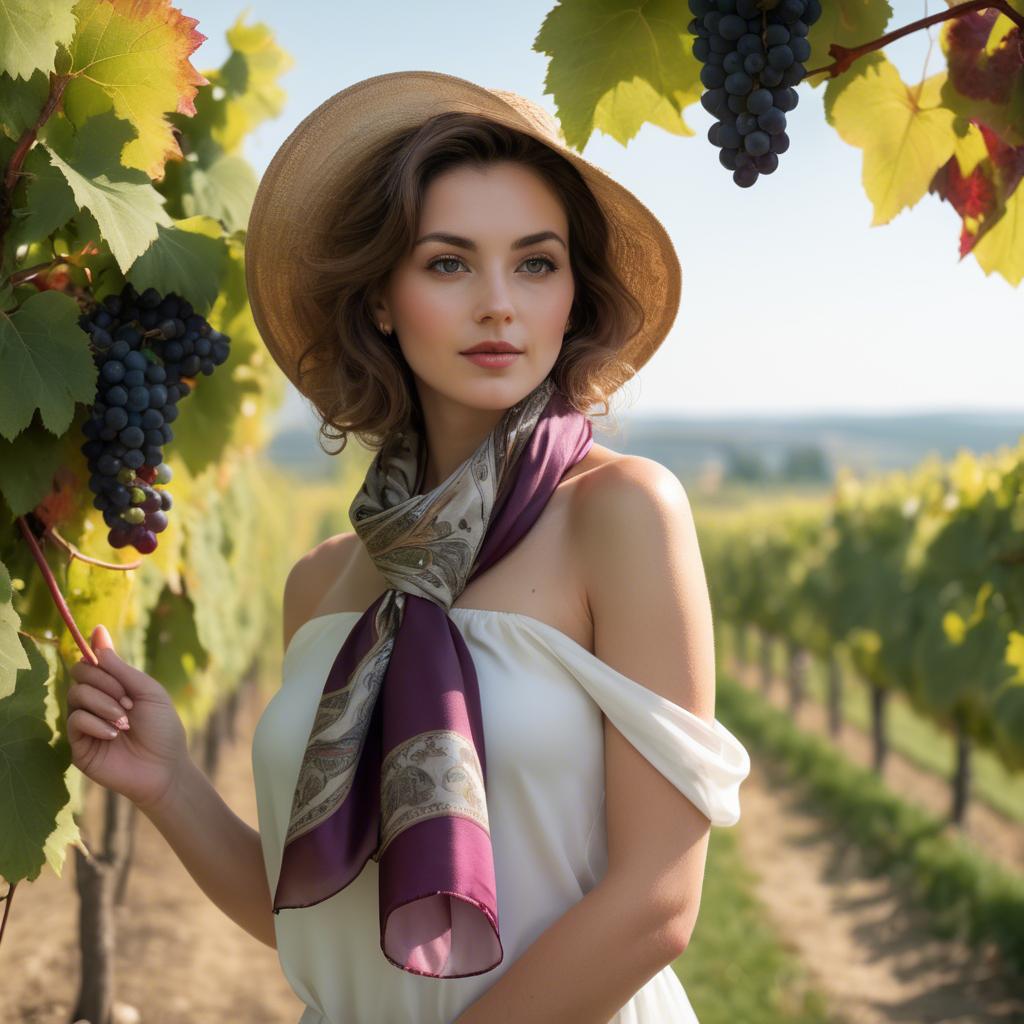 A stunning image of romantic lady with a silk scarf in a vineyard.