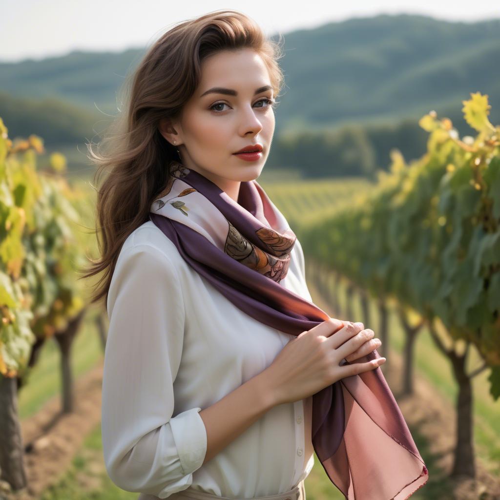 A stunning image of romantic lady with a silk scarf in a vineyard.