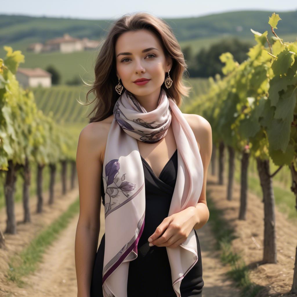 A stunning image of romantic lady with a silk scarf in a vineyard.