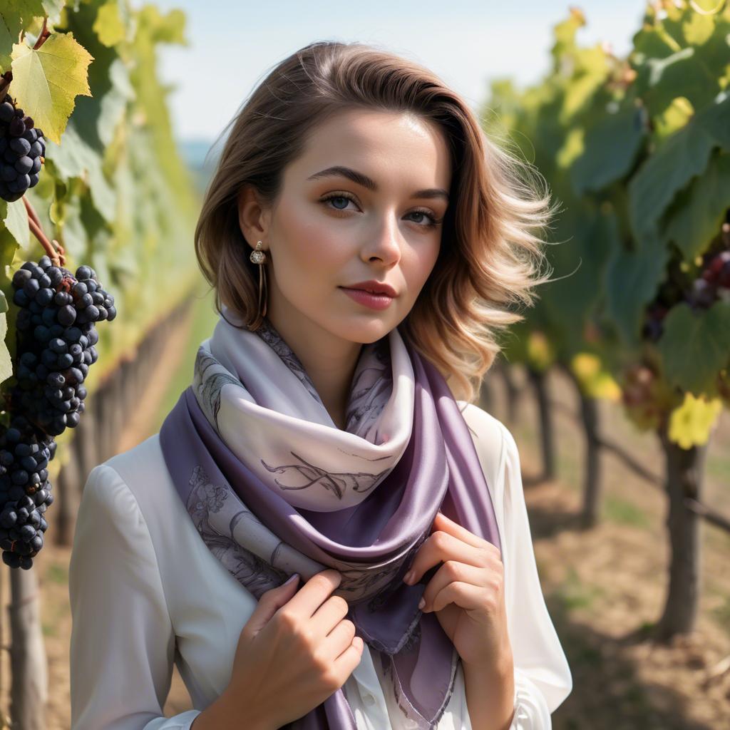 A stunning image of romantic lady with a silk scarf in a vineyard.
