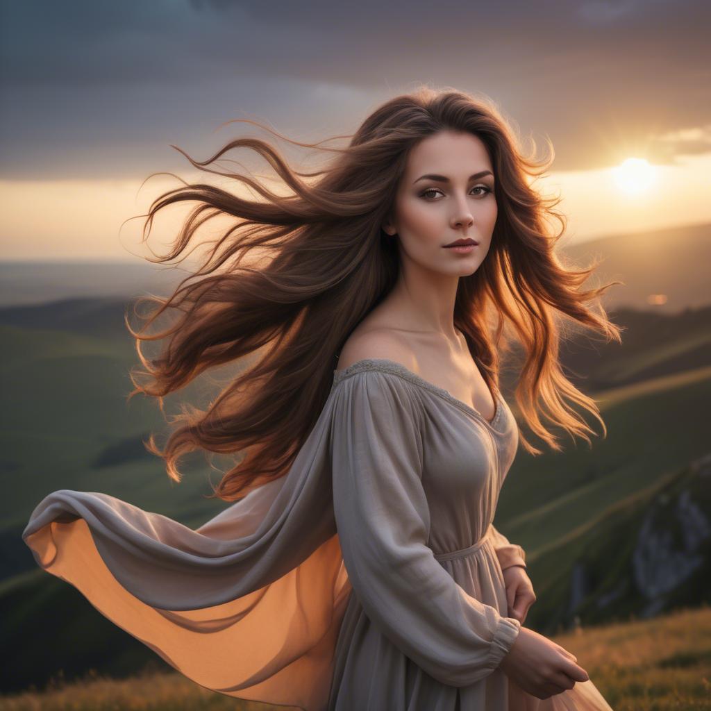 A stunning image of romantic lady with flowing hair on a hilltop at sunset.