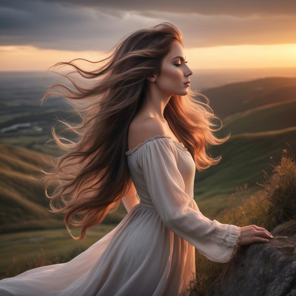 A stunning image of romantic lady with flowing hair on a hilltop at sunset.