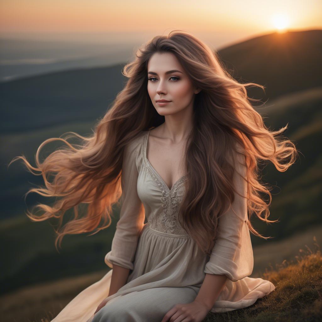 A stunning image of romantic lady with flowing hair on a hilltop at sunset.