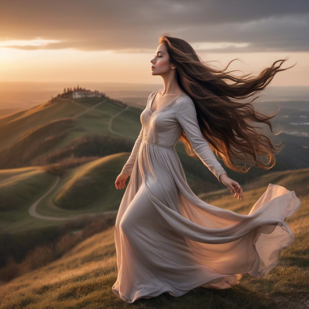 A stunning image of romantic lady with flowing hair on a hilltop at sunset.
