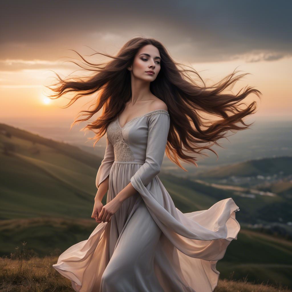 A stunning image of romantic lady with flowing hair on a hilltop at sunset.