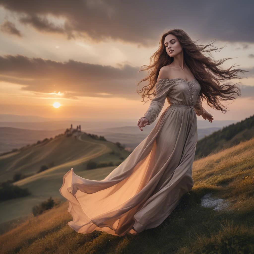 A stunning image of romantic lady with flowing hair on a hilltop at sunset.