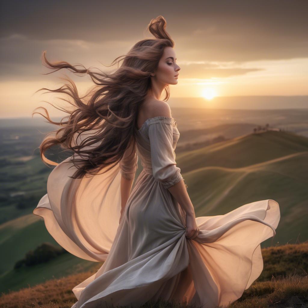 A stunning image of romantic lady with flowing hair on a hilltop at sunset.