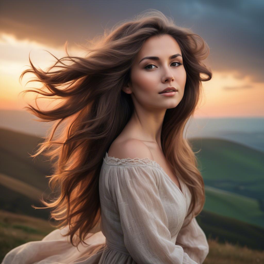 A stunning image of romantic lady with flowing hair on a hilltop at sunset.