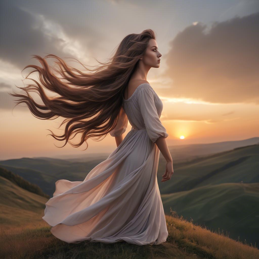 A stunning image of romantic lady with flowing hair on a hilltop at sunset.