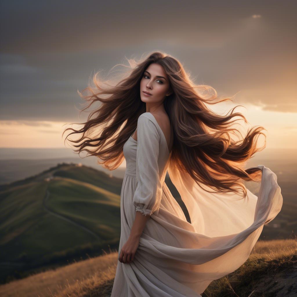 A stunning image of romantic lady with flowing hair on a hilltop at sunset.