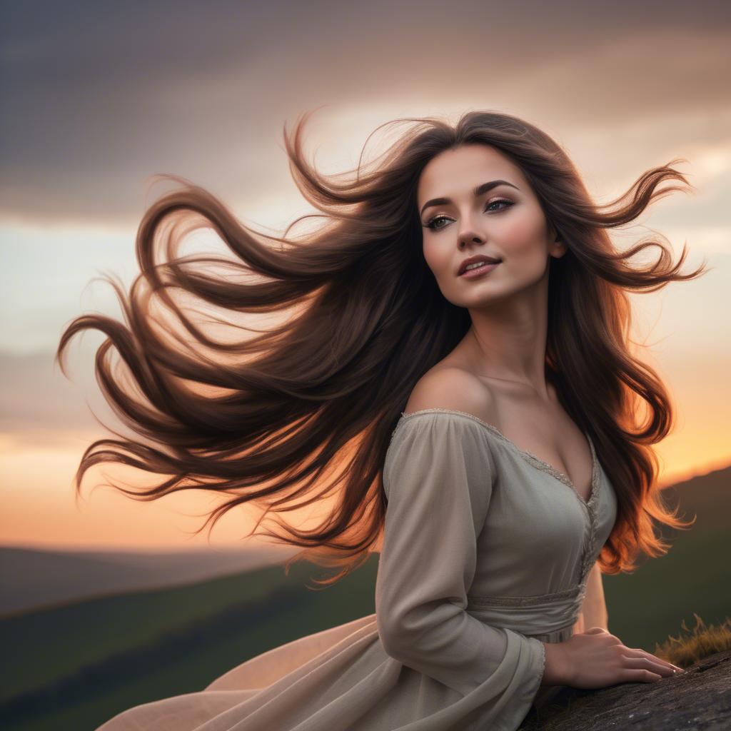 A stunning image of romantic lady with flowing hair on a hilltop at sunset.