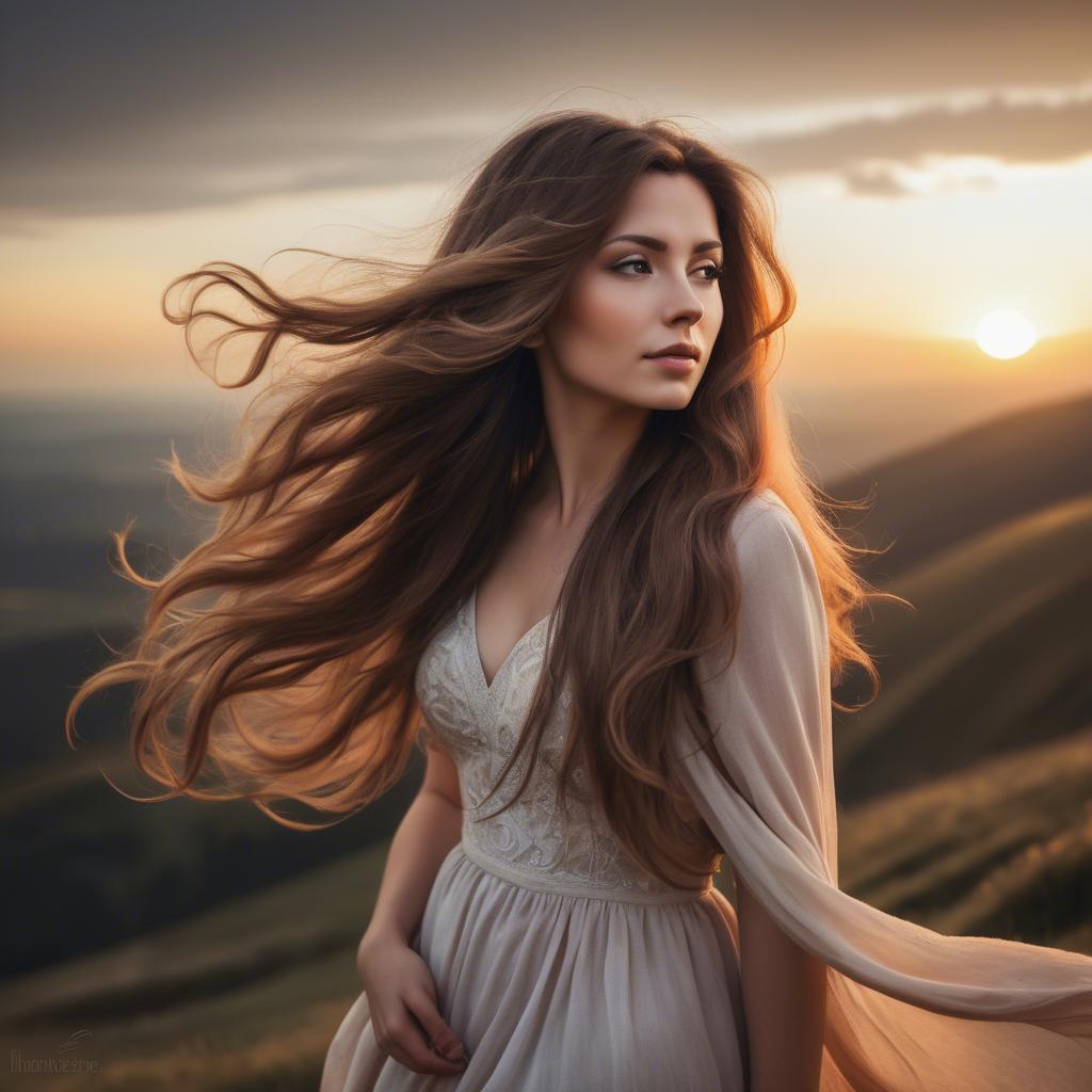 A stunning image of romantic lady with flowing hair on a hilltop at sunset.