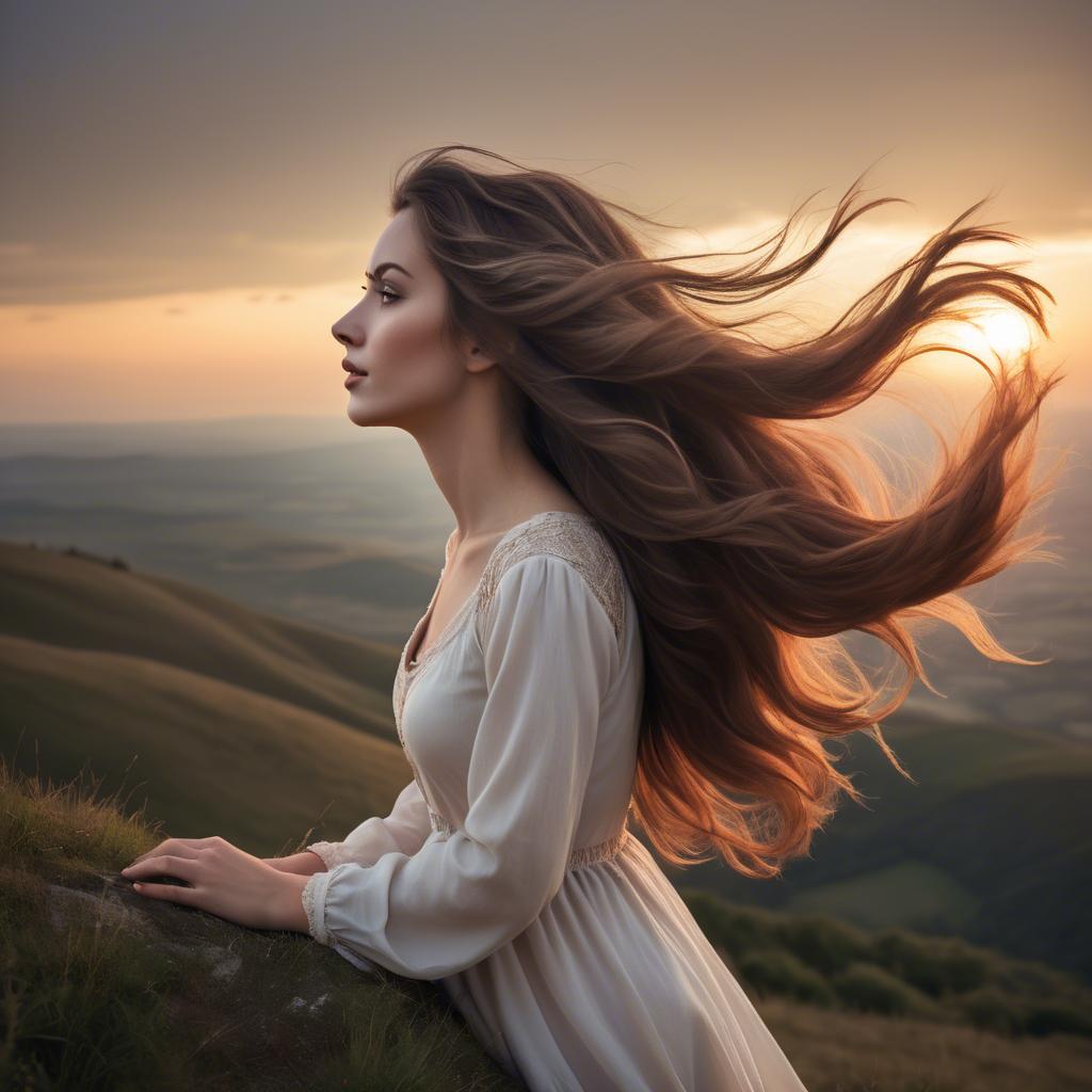 A stunning image of romantic lady with flowing hair on a hilltop at sunset.