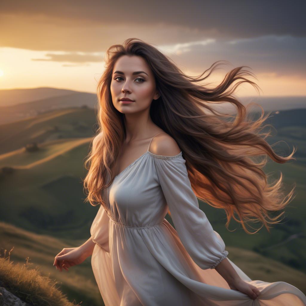 A stunning image of romantic lady with flowing hair on a hilltop at sunset.