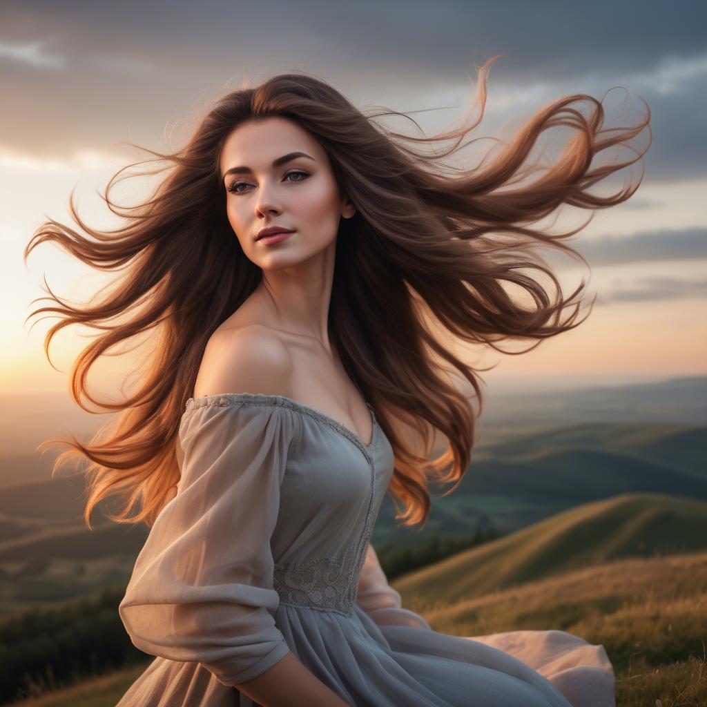 A stunning image of romantic lady with flowing hair on a hilltop at sunset.