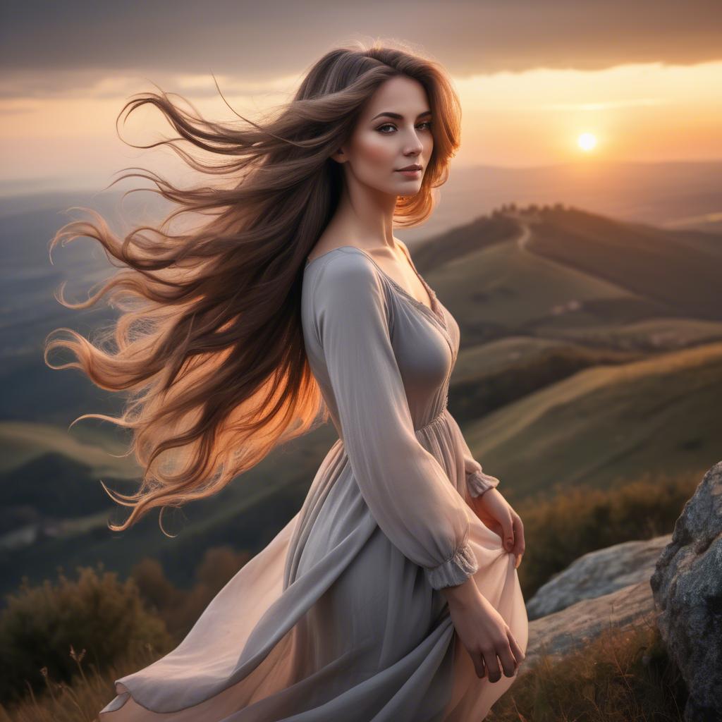 A stunning image of romantic lady with flowing hair on a hilltop at sunset.
