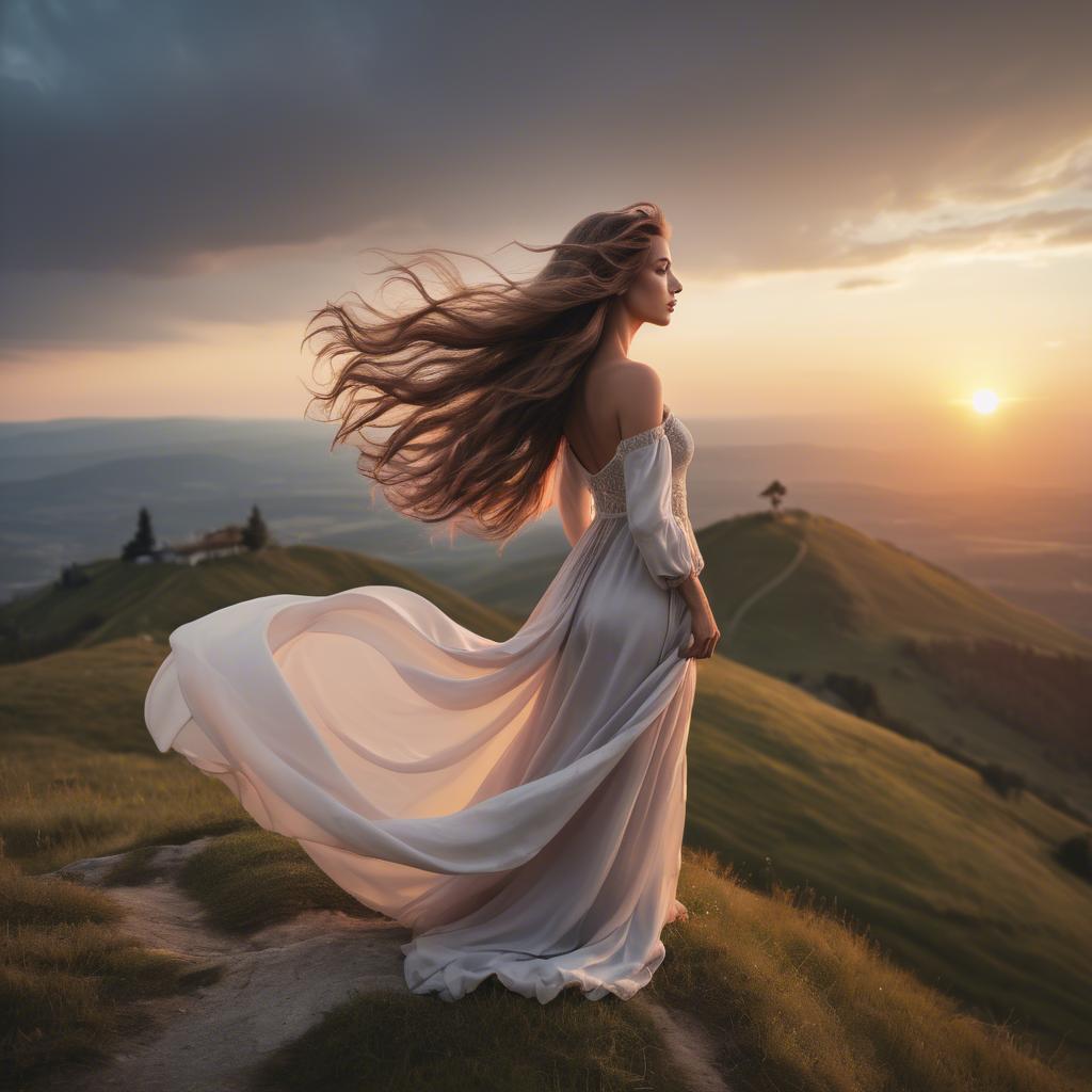 A stunning image of romantic lady with flowing hair on a hilltop at sunset.